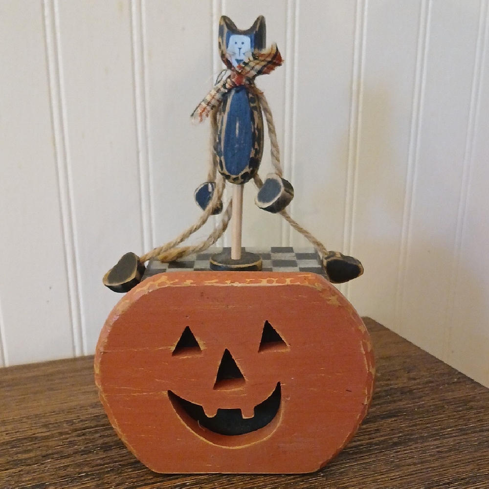 Halloween Primitive Wooden Black Cat Orange Pumpkin Mechcanical Rustic Folk Art
